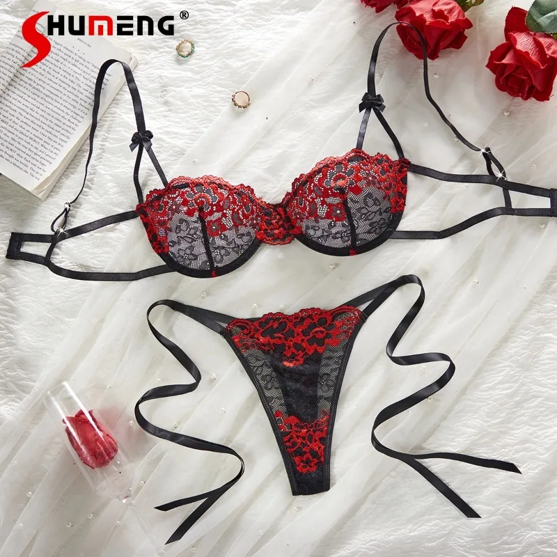 

Valentine's Day Hot Selling Sexy Lingerie Women's Lace Floral Embroidery Tie Bra Thong Set Female Japanese Style Intimates