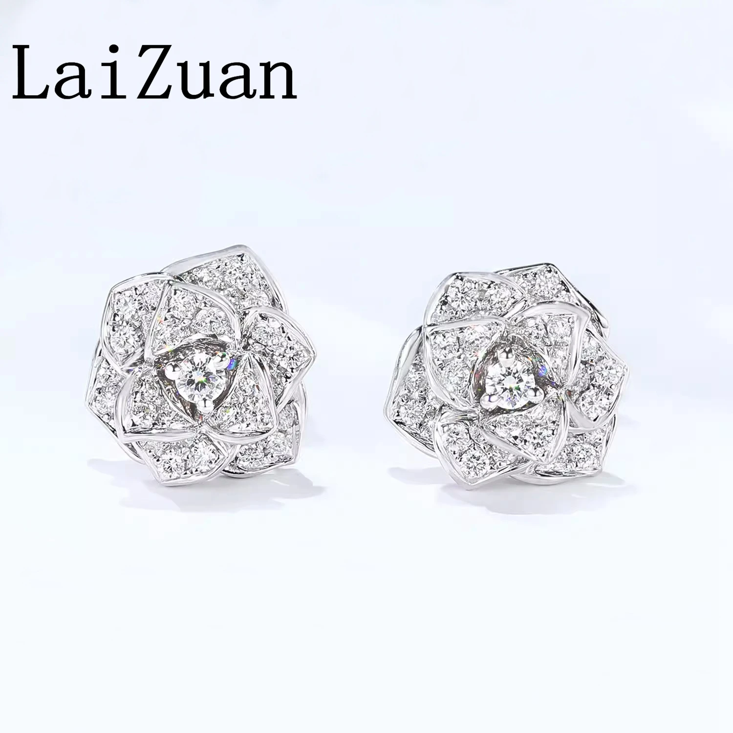 LaiZuan Solid 18k AU750 White Gold Beautiful Natural Diamonds Stud Earrings Flower Elegant Women Trendy Fine Jewelry Handcrafted