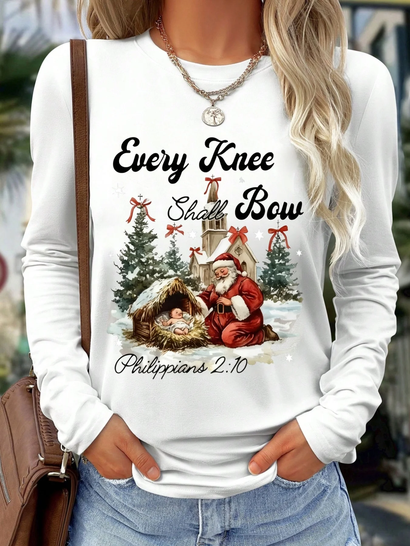 Women Round Neck Long Sleeve T‑Shirt Christmas Religious Nativity Scene Letter Print Festive Holiday Casual Top Women's Clothes