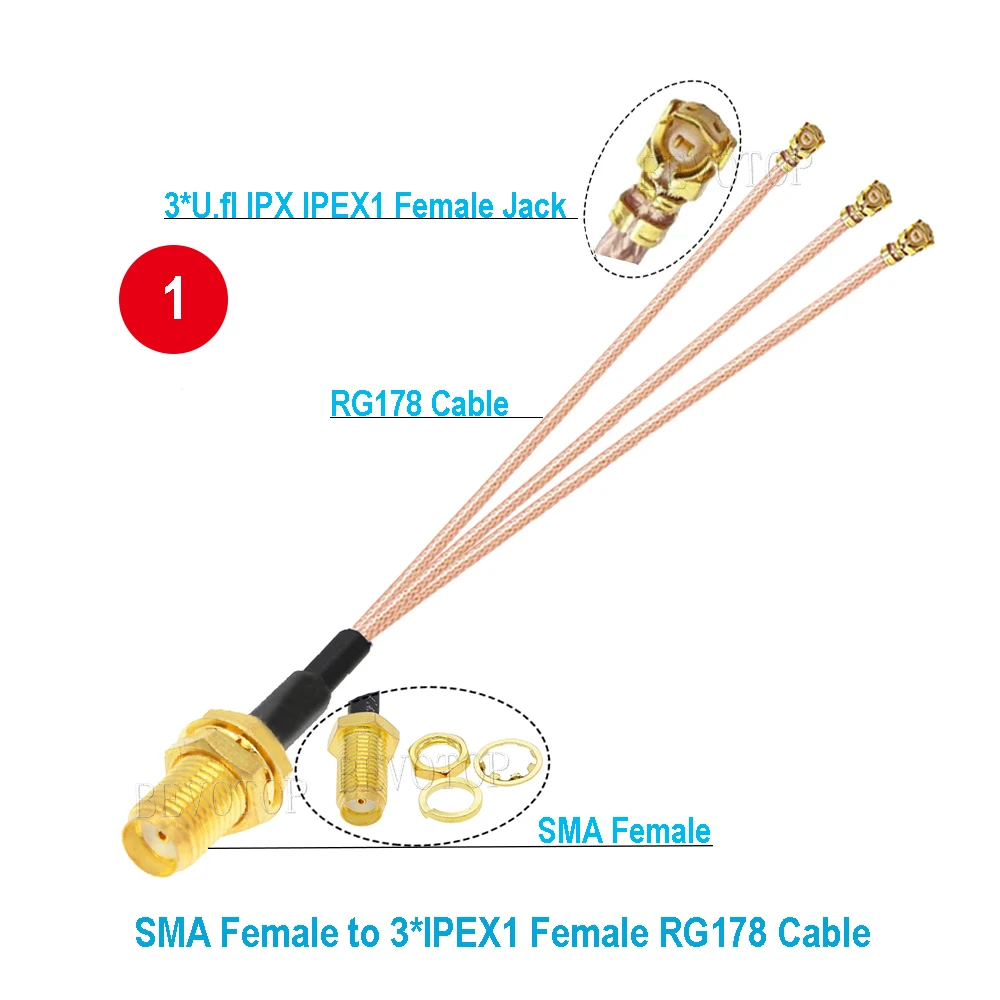 1PCS 1 to 3 SMA to IPX Splitter Cable RP-SMA / SMA Female to 3 x U.fl Female1 RG178 WIFI Antenna Extension Jumper BEVOTOP