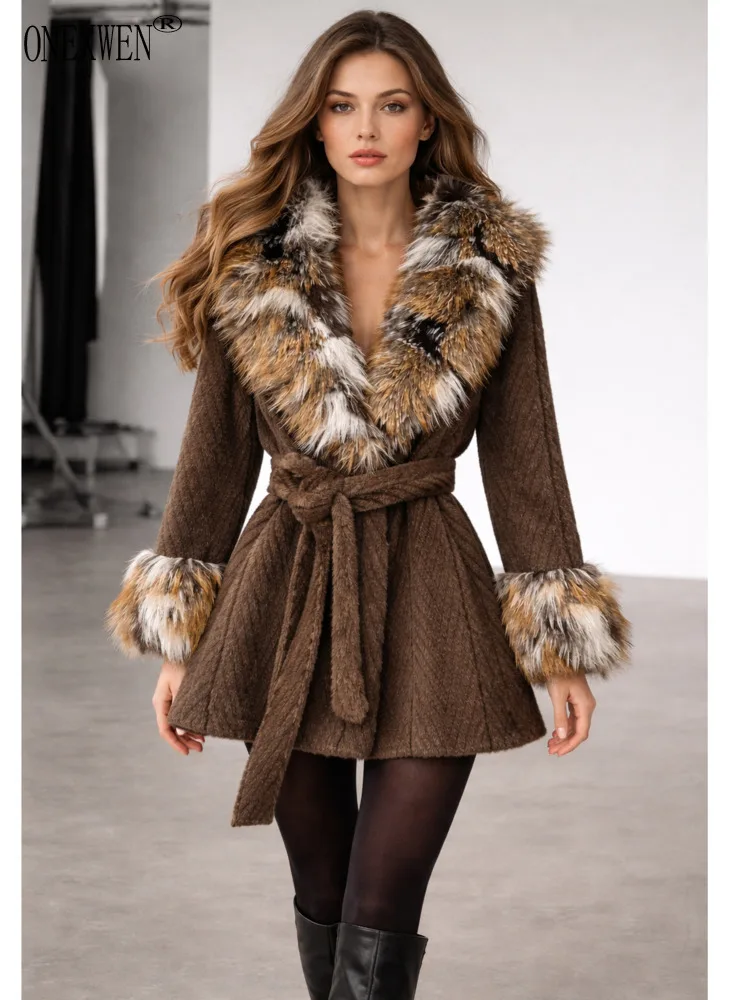 ONEXWEN Women's Coat Luxury Oversized Genuine Fur Collar Cuffs Trim Belted Waist Mid-Length Winter Warm Casual Outerwear RU3