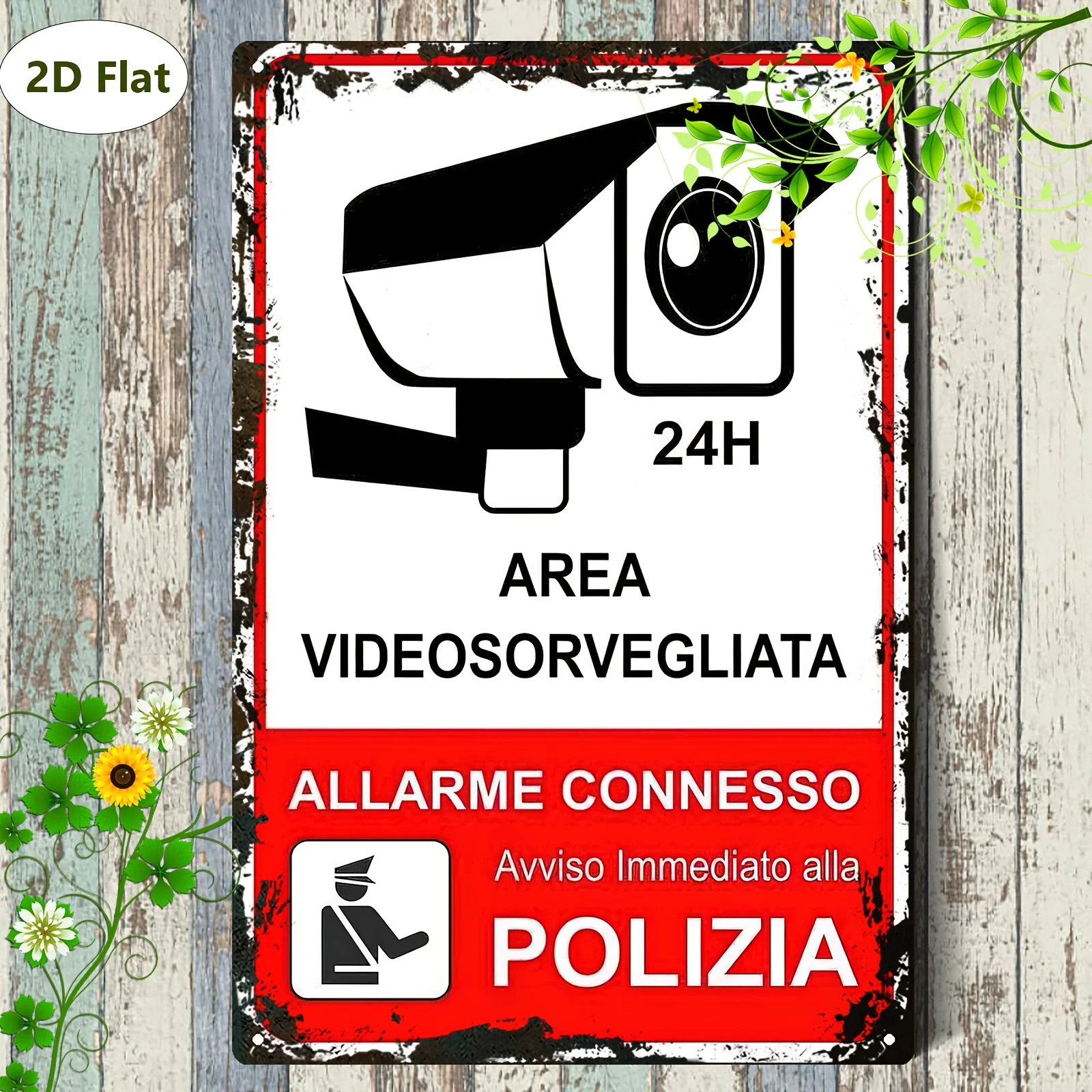 - 2D Warning Iron Sign, 24-Hour Surveillance Area with Alarm Please Call Immediately, Durable Wall Decor Art 20*30cm/8*12inch.
