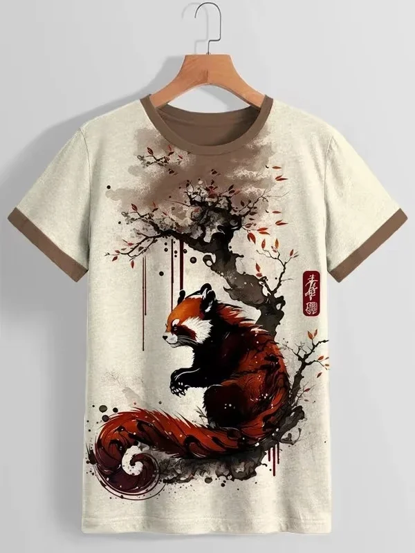 New Men's Crew-Neck Short-Sleeve T-Shirt Samurai Cat Print T-Shirt Casual Fashionable Relaxed Fit Breathable Summer Top for Men