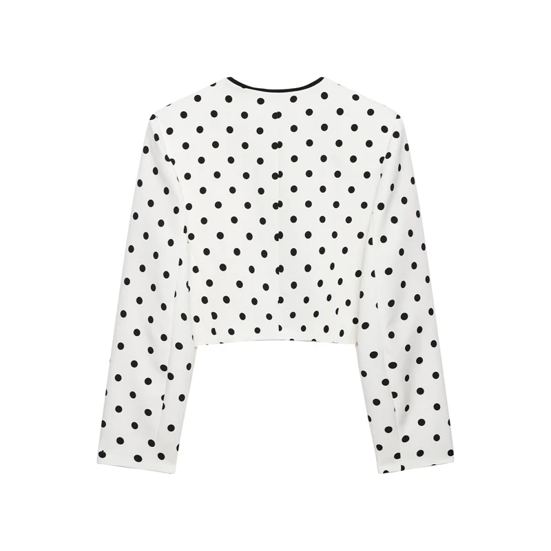 KEYANKETIAN 2026 Elegant Polka Dot Cropped Blazer Ladies Round Neck Long Sleeve Black Trim Open Front Lightweight Jacket Top