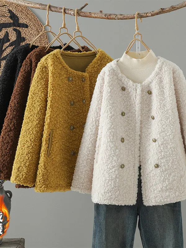 Loose Lamb Fur Jaet ort round Ne Double Breasted Winter New Sle Women's Woolen Coat Pure Color Long Sve Top