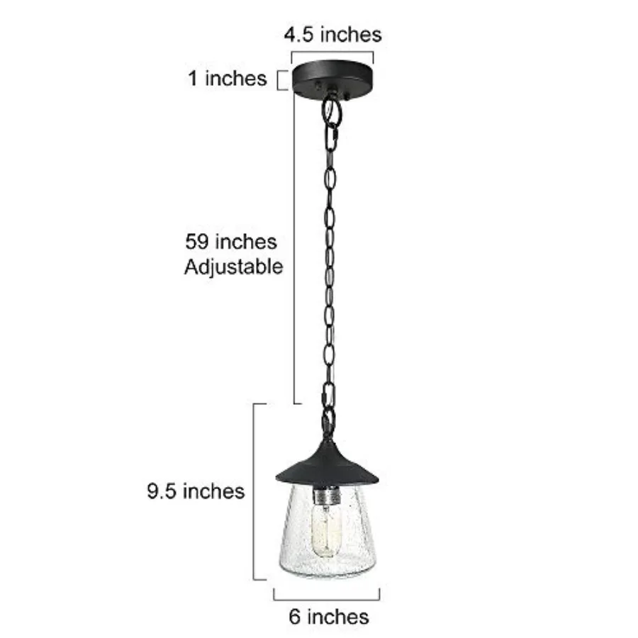 Outdoor Pendant Lights, Porch Fixture in Painted Black Metal with Clear Bubbled Glass Globe, Hanging Lantern Lamp for Gazebo, E