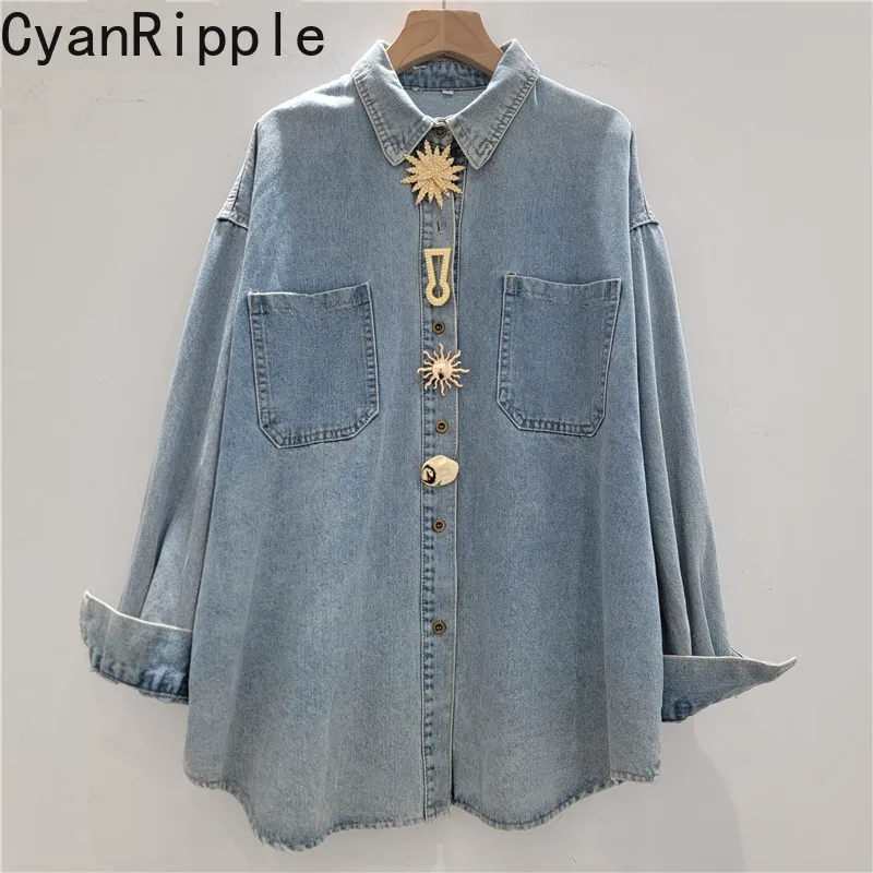 

Fashionable New Spring Autumn Long Sleeve Denim Shirt Metal Buckle All-match Loose Cardigans Coat Solid Color Jean Blouses Women