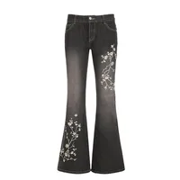 Floral Embroidery Jeans Vintage 2000s Low Rise Flared Jeans Women Retro Y2k Baggy Denim Pants High Street Basic Trousers - Image 6