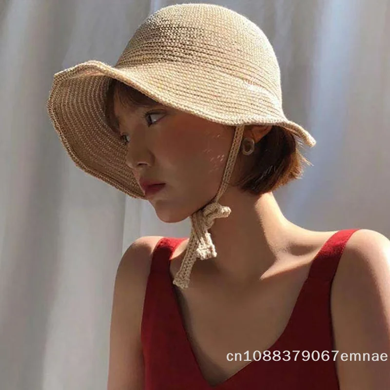 [ZYAS]Linen Straw Regency Bonnets Hats For Women Sun Hats Bow Beach Cap Big Wide Brim Cloche Hat Up Outdoor Summer