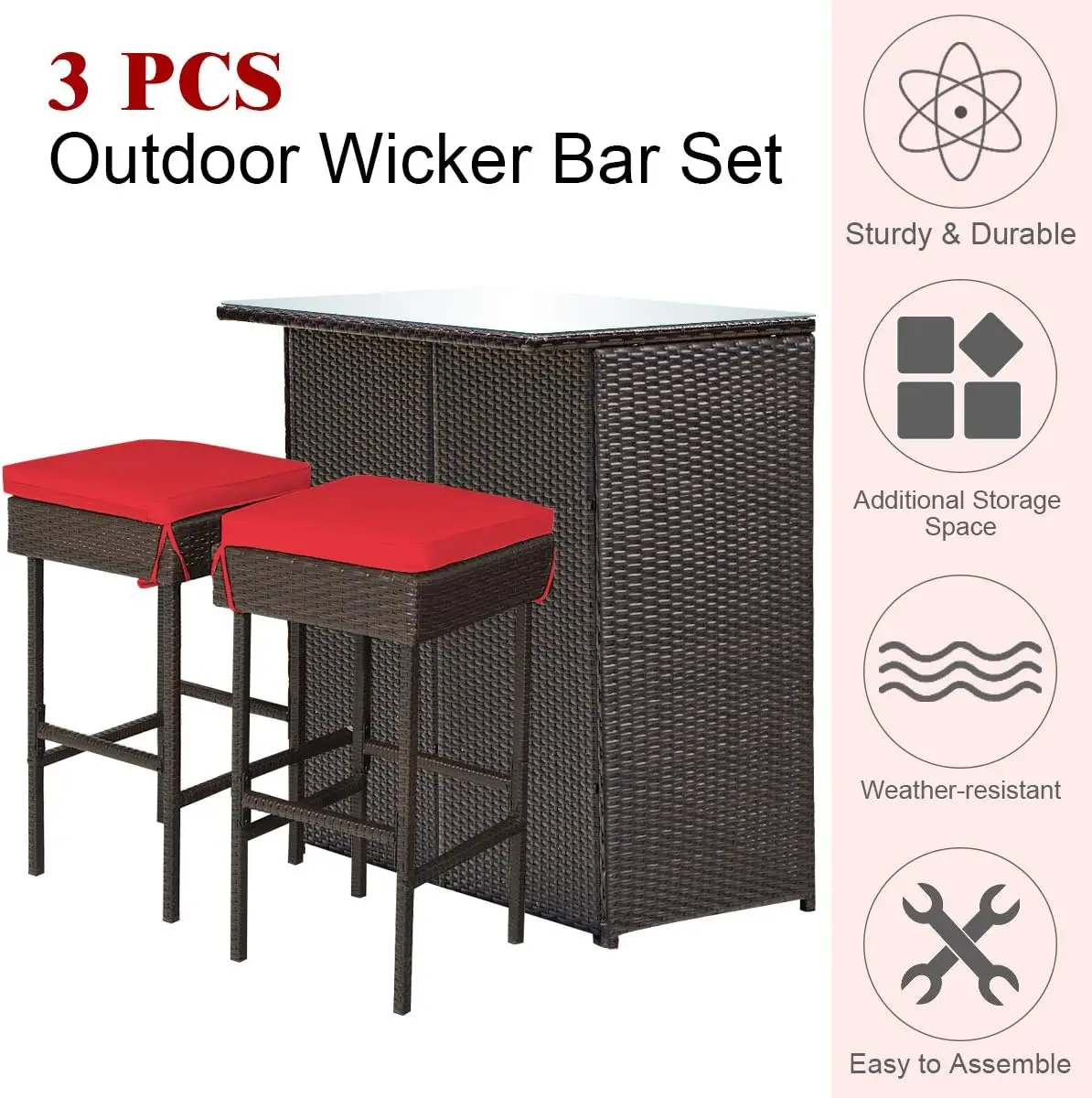 Juego de muebles de mimbre para Patio, conjunto de 3 piezas de barra de mimbre para exteriores con 2 cojines, taburetes y mesa superior de cristal para Patios