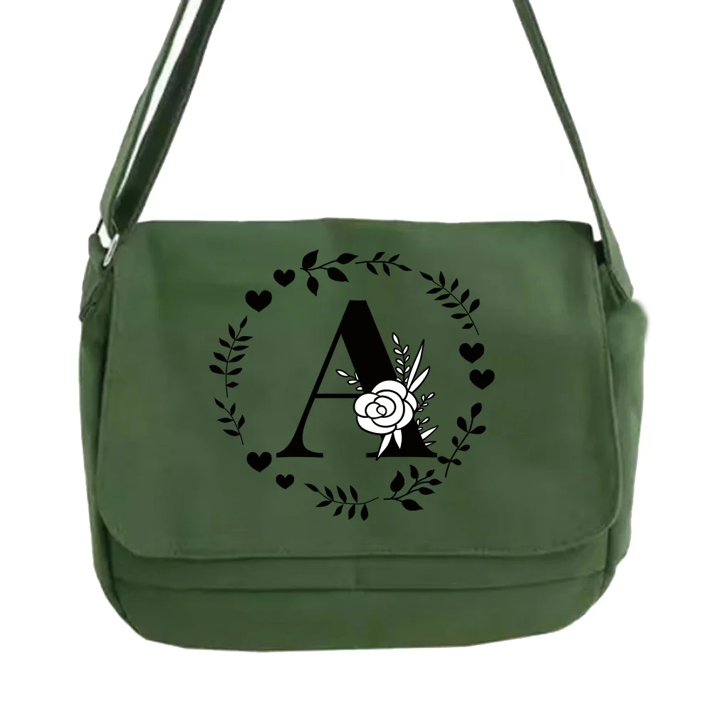 Bolso de hombro de lona para adolescentes y estudiantes, bolsa de mensajero verde, serie con patrón de letras de guirnalda, gran capacidad