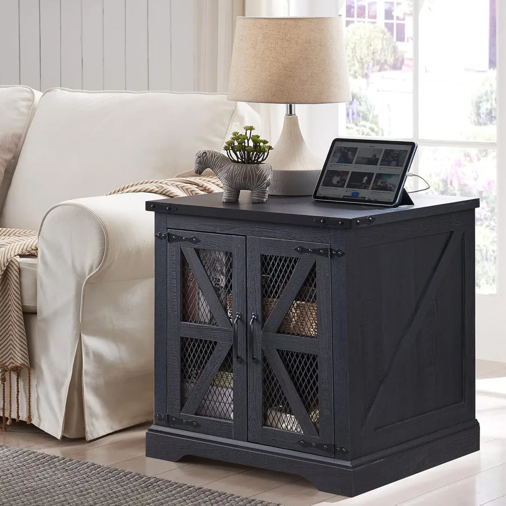 

Farmhouse End Table, 24 Large Sofa Side Table with Charging Station, Mesh Barn Door, and Adjustable Storage Shelf, Ru