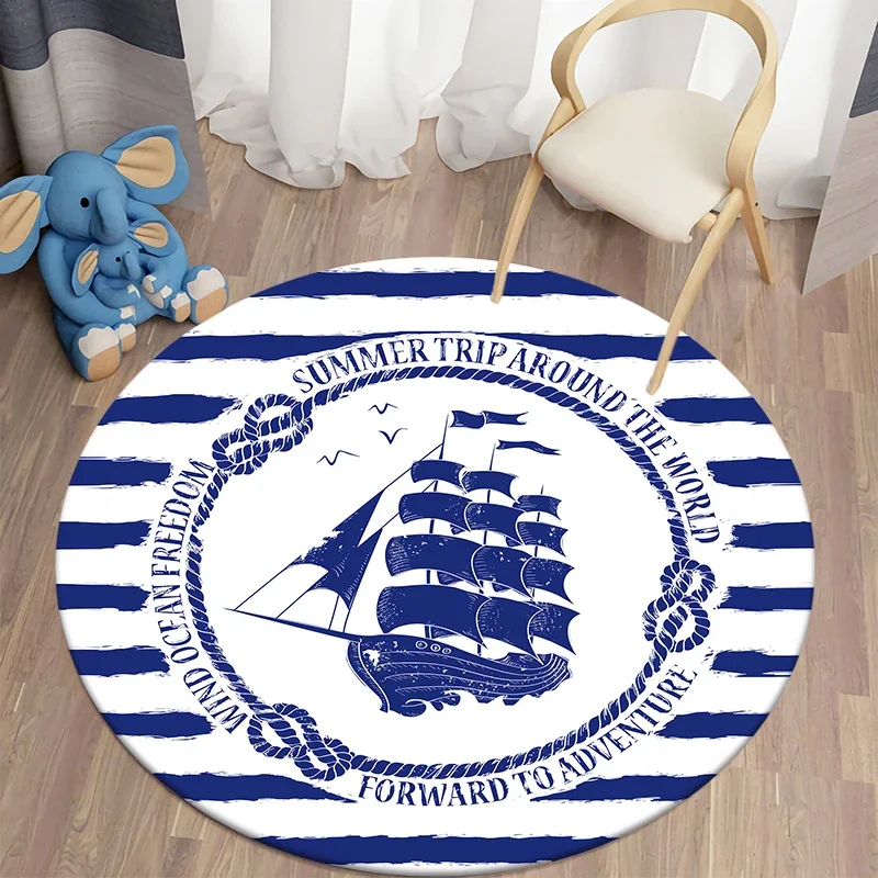 Nautical Navy Blue Round Carpet Living Room Bedroom Children's Rugs Soft Kitchen Area Rug Non-slip Carpets Floor Mat Home Decor