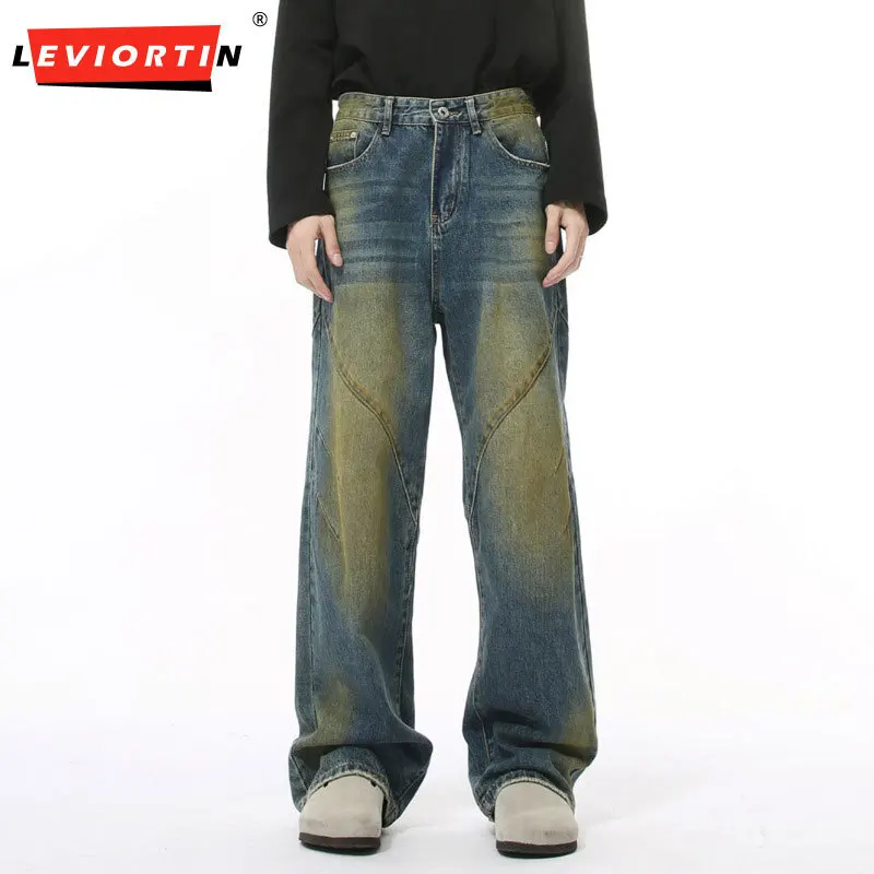 Men's Autumn New Product Korean Edition Stained Aging Gradient Straight Tube Vibe Loose and Simple High Waist Jeans Trendy