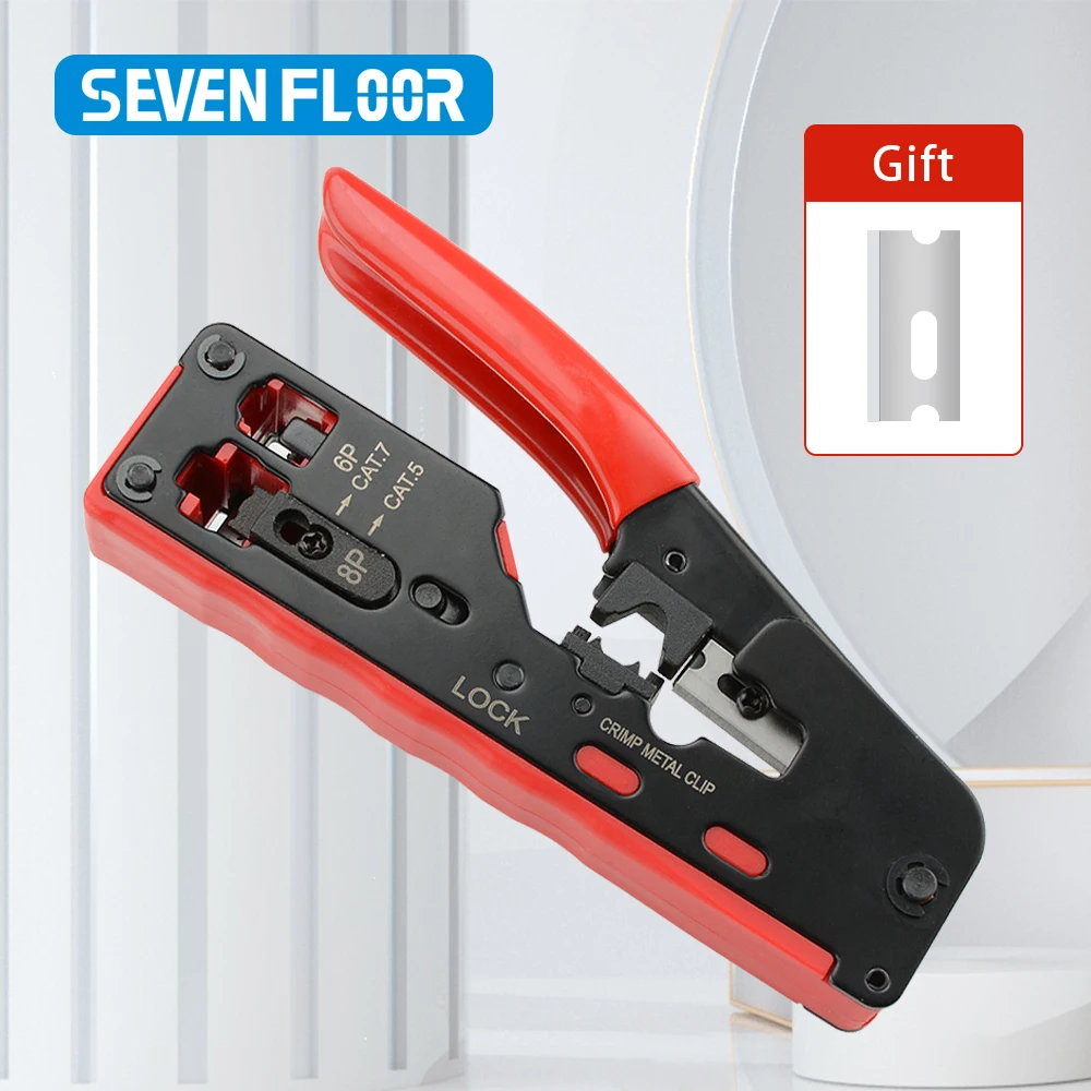 Cat7 RJ45 Crimp Tool Compatible for Cat7/6a/6/5e Ethernet Cable with Cut/Strip Multi-function Crimper with Spare Blades