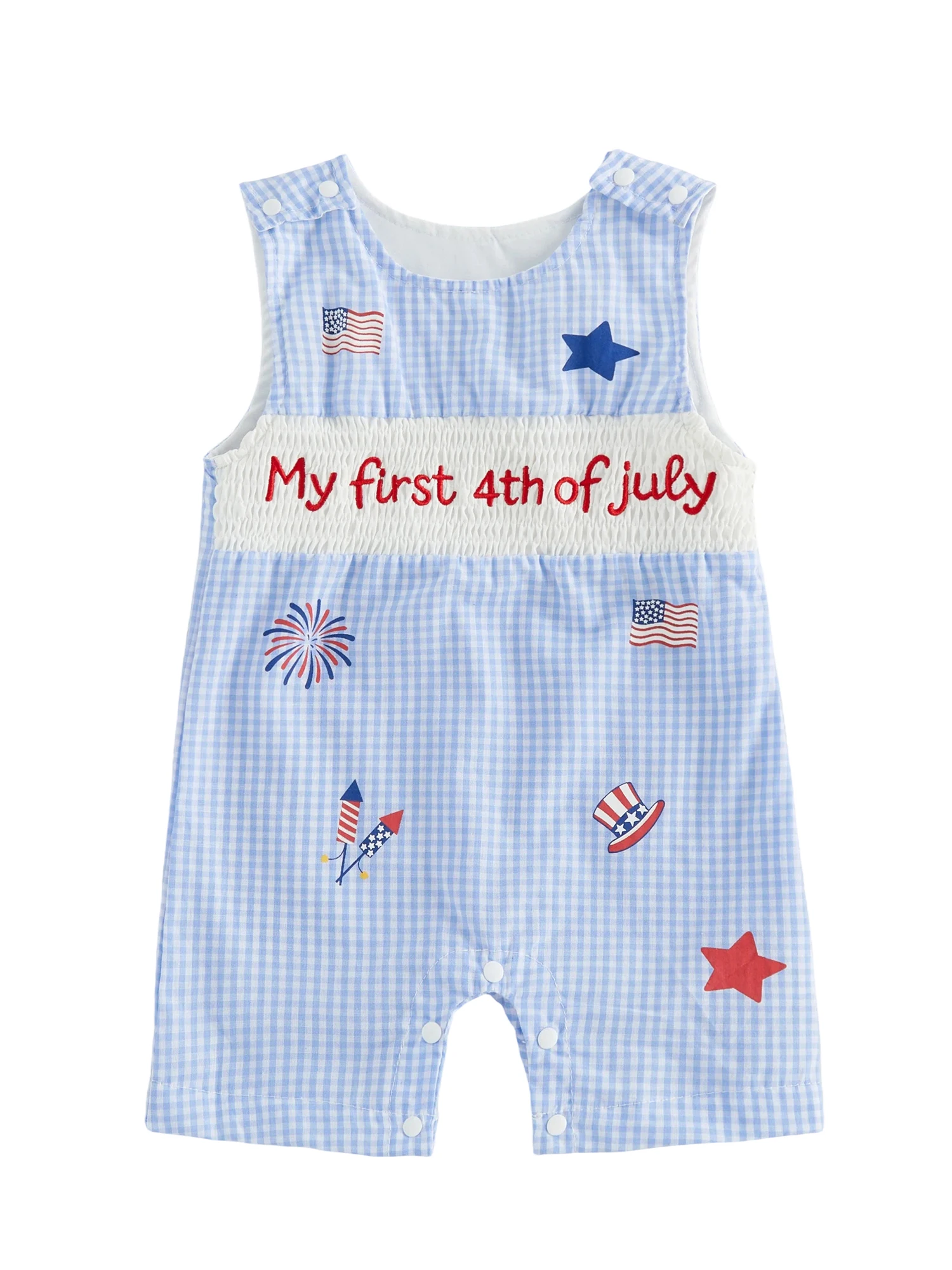 

Independence Day Baby Boys Romper with Patriotic Embroidery Star Print Flag Design and Pattern - Sleeveless Infant