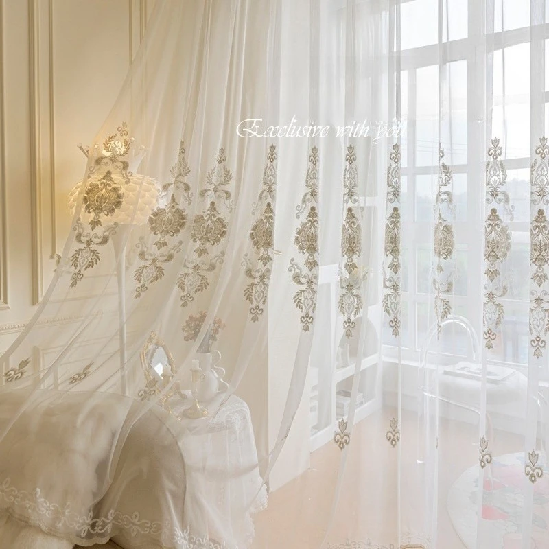 Light Luxury Imported Embroidery Curtains for Living Dining Room Bedroom  European  High-end Villa Customized  White Tulle Decor