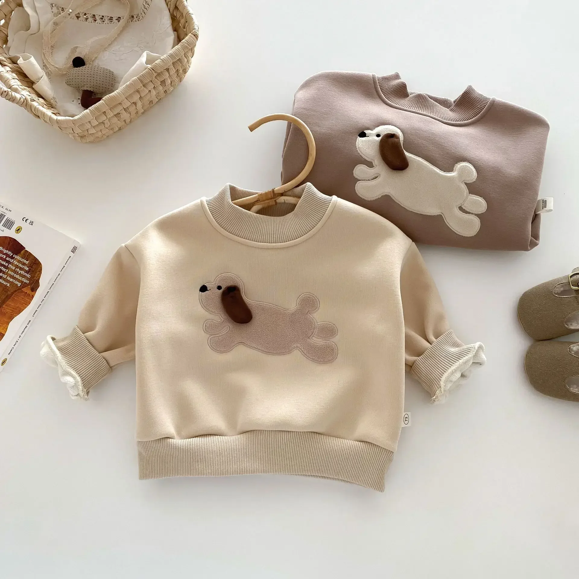 2024 Winter New in Kids Baby Boys Thicken Warm Flocking Cartoon Dot Solid Color Top Sweatshirts ,children Cute Clothing 3M-5Y