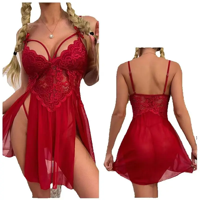 

Sexy Lingerie Women Lace Hollow Bra Set Erotic Costumes Baby Doll Dress Deep V Open Bra Sleepwear Exotic Apparel Pajamas