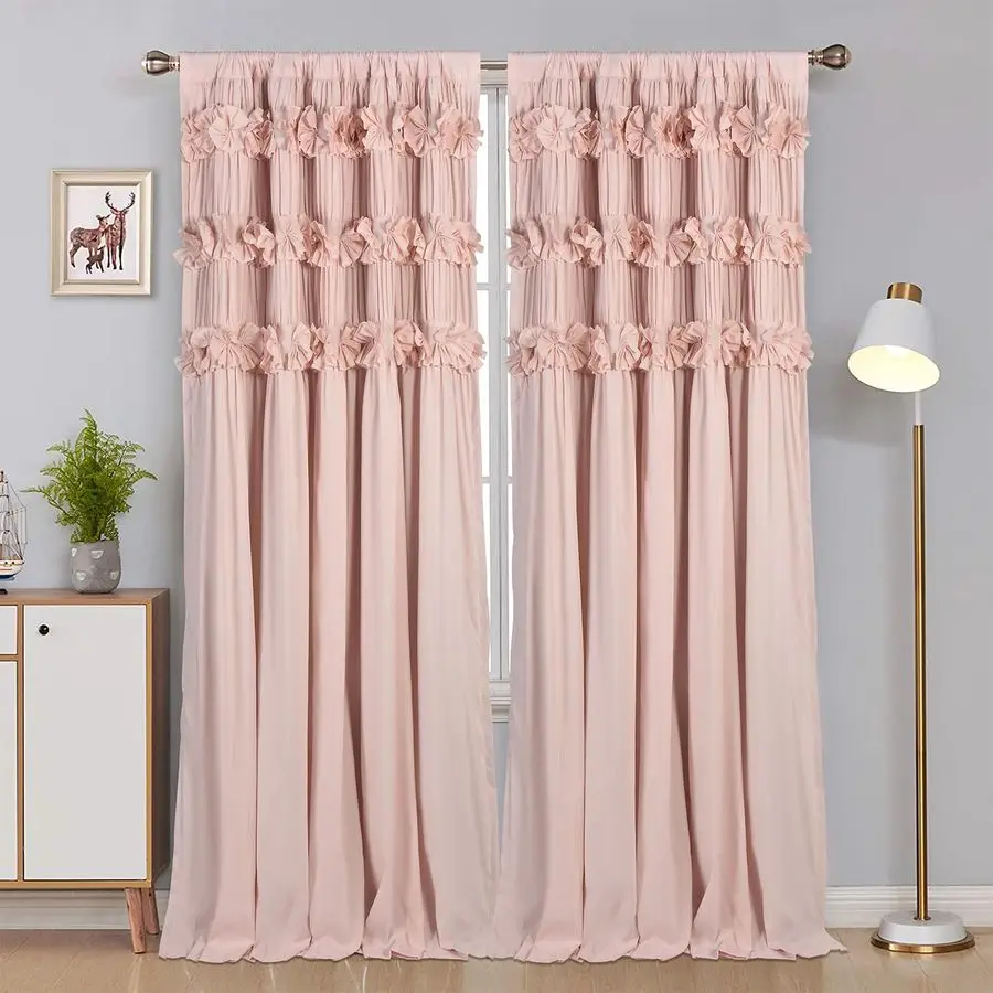 

Peach Pink Blackout Curtains with 3 Rows of Handmade Butterfly Flower Ruffles, Room Darkening and Soundproof Window Curtain 54 x