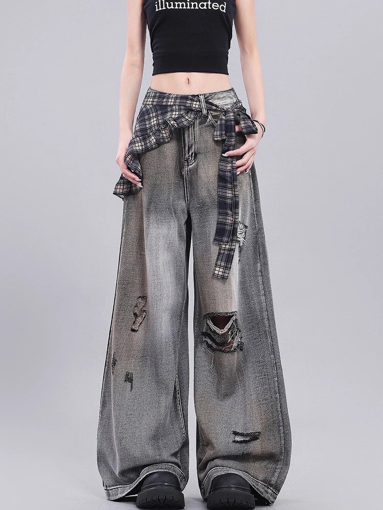 Summer Vintage Hole Jeans Women Plaid Butt Curtain Patchwork Denim Pants Retro Loose Casual Y2K Streetwear Wide Leg Trouser New