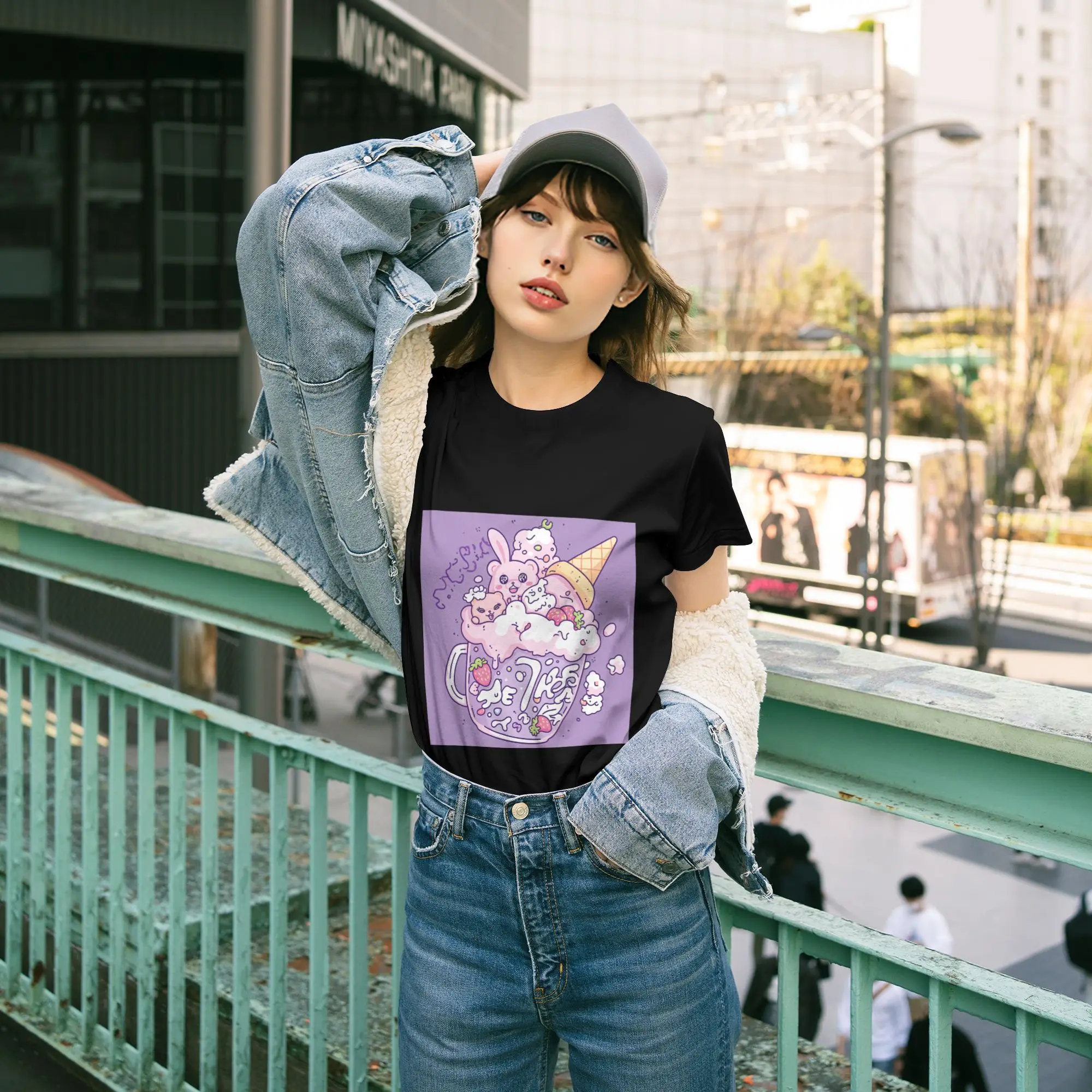 

Bunny Ice Cream Graphic T-Shirt Soft Cotton Tee for Women