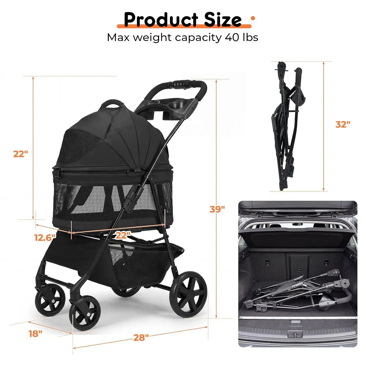 Dog Stroller for Small Dogs - 3 in 1 Pet Stroller with Detachable Pet Carrier, with One-Click Folding and Omnidirectional Steeri
