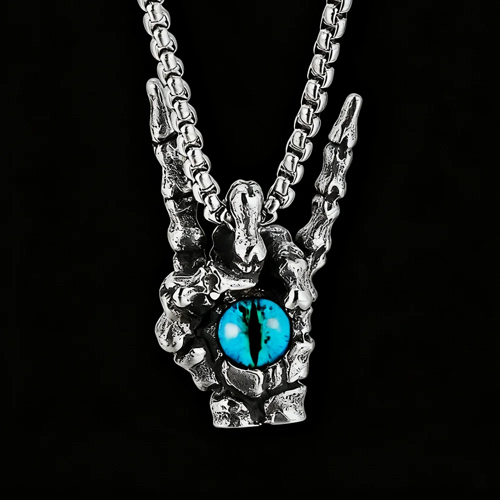 Collar con colgante de la mano de la victoria para hombre, cadena de caja de acero inoxidable de Color plateado, Hip Hop Rock, joyería Punk Vintage de ojo azul