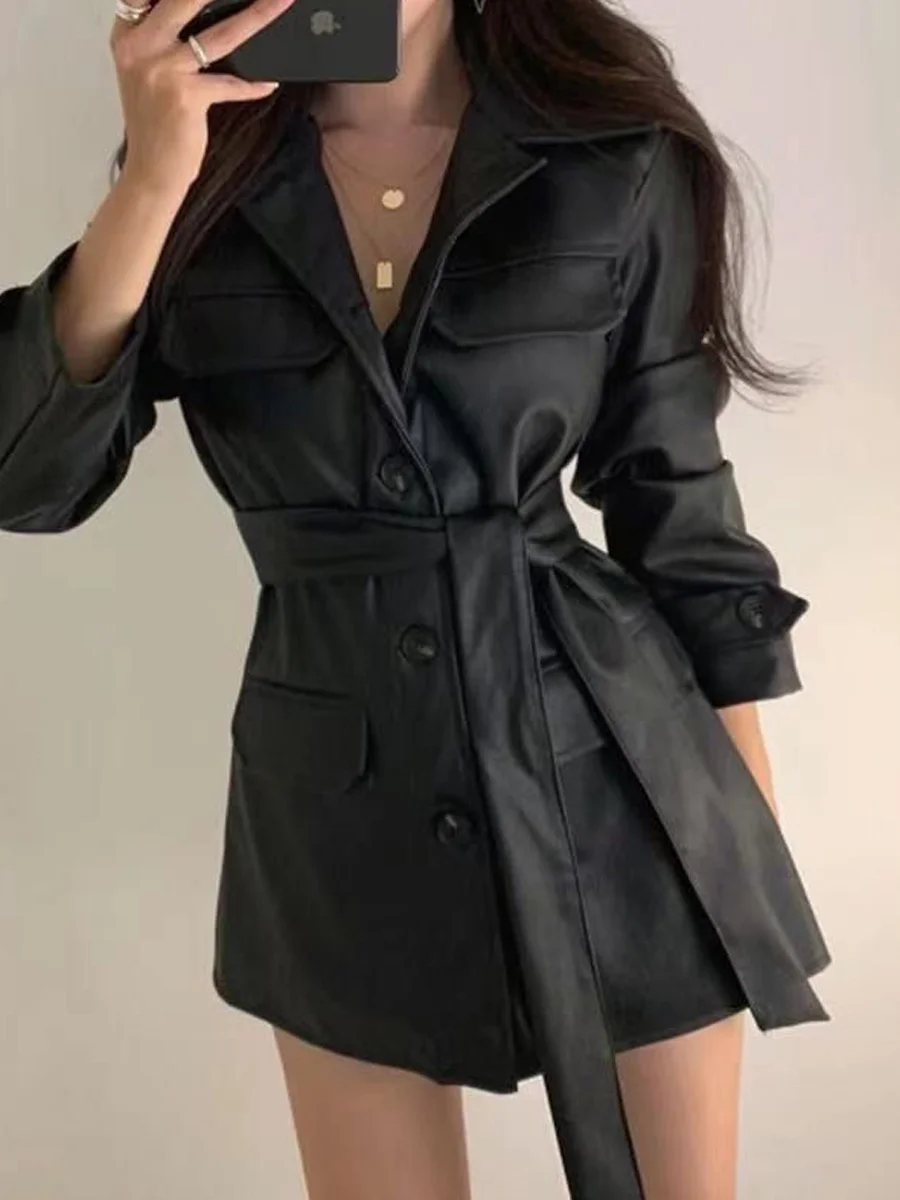Chic Korean Style Women's Motorcycle Leather Jacket Slim Fit Midi Length Long Sleeve Autumn New Fashion Outerwear
