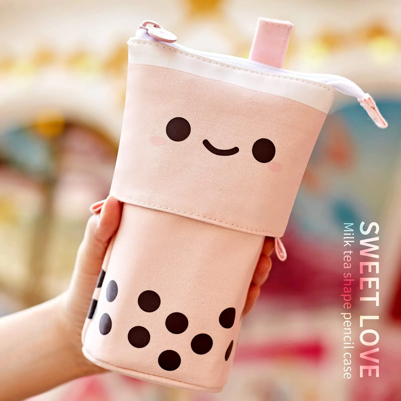 Standing Milk Tea Pencil Case Cute Telescopic Pen Holder Stationery Pouch Pen Box for School Students Office Supplies Pencil Bag