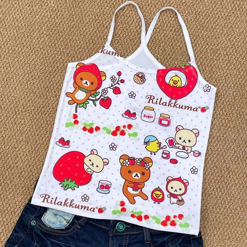 

2025 Original Summer Y2k Cute Girl Rilakkuma Cotton Suspender Vest Cartoon Kawaii Casual Slim Cos Printed Top Short-sleeved Gift