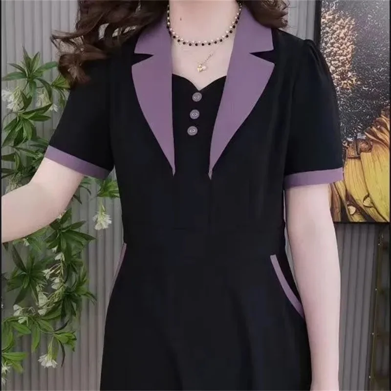 2023 Summer Dress Female New Fashion Slim Covering Belly Splice Dress for Middle Aged Mom's Commuter Dress Suit Collar Notched