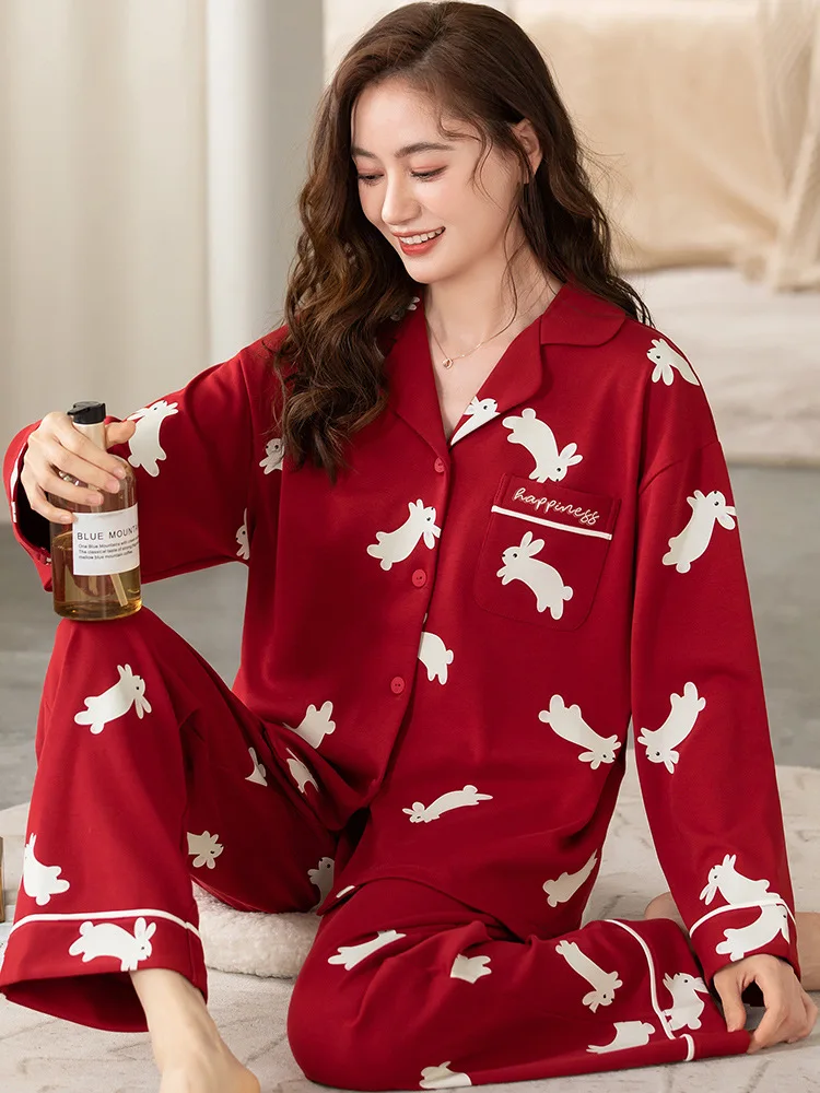 Women\'s Pajamas Autumn Winter Pure Cotton Long Sleeved Red Christmas Home Wear Set Casual Plus Size Pyjamas Female M-3XL