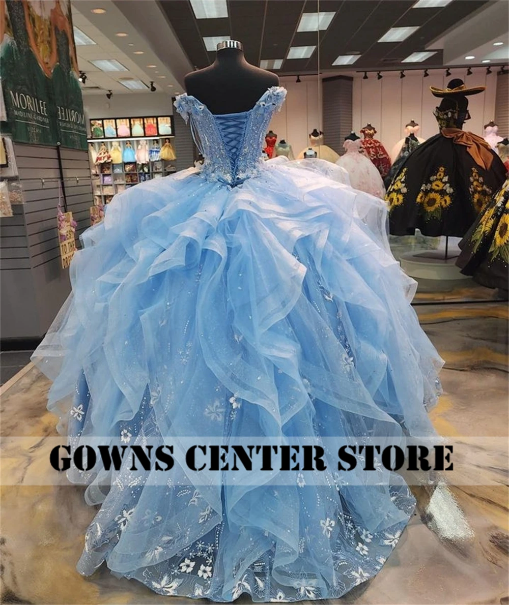 Baby Blue Ruffels 15 Dress Quinceanera 2024 Off The Shoulder Shinning Flowers Ball Gown Quince Dresses Princess Formal Occasion