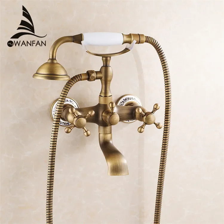 

Bath & Shower Faucets Wall Mounted Mixer Tap 3 Handle Bathroom Shower Set with Telephone Bar Antique Brass Bathtub Shower Faucet