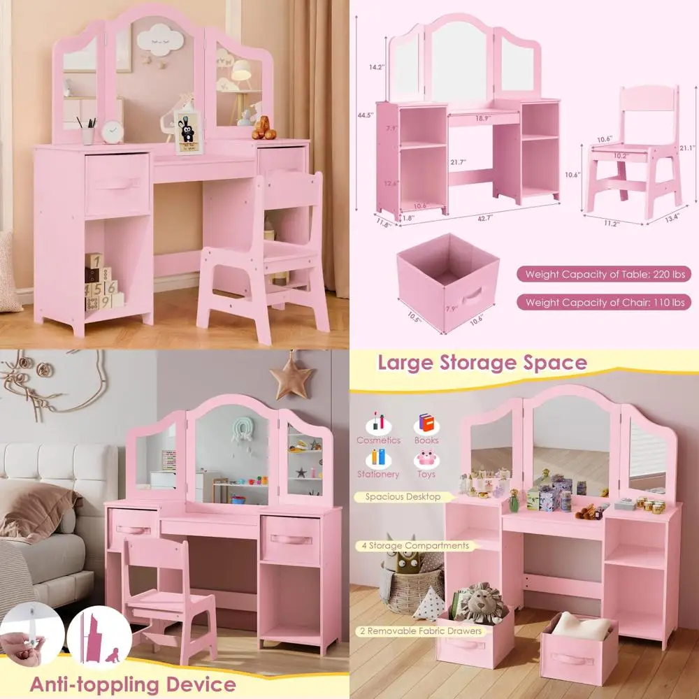 

Kids Vanity Set, Makeup Table for Little Girl with Tri-Folding Mirror and Stool, Wooden Toddlers Princess Dressing Table with C