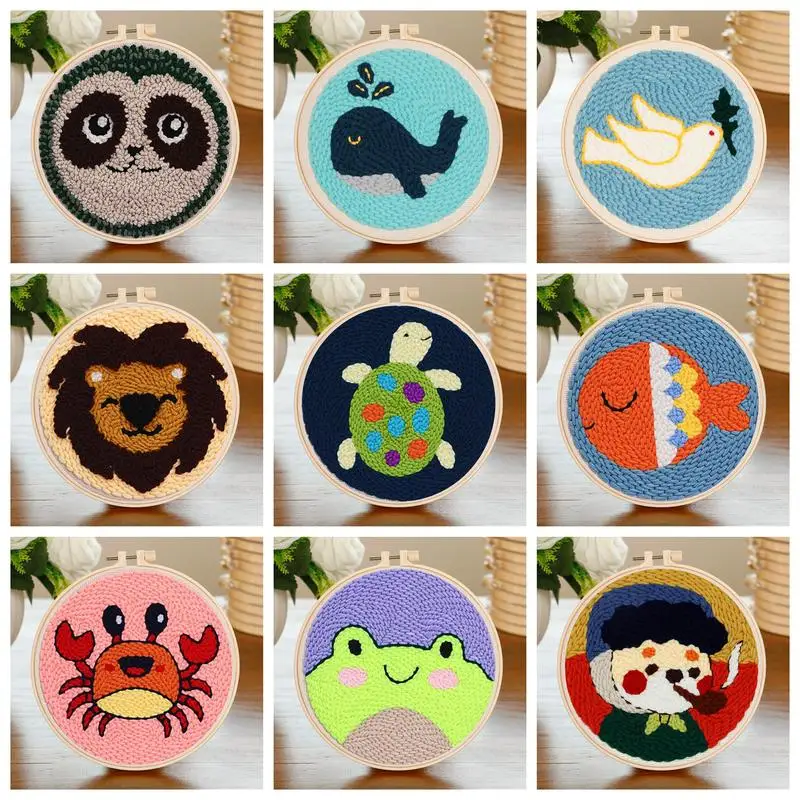 

DIY Punch Needle Embroidery Material Kit Animal Pattern Printed Simple Cross Stitch Punch Needle Set Handwork Needlework Craft