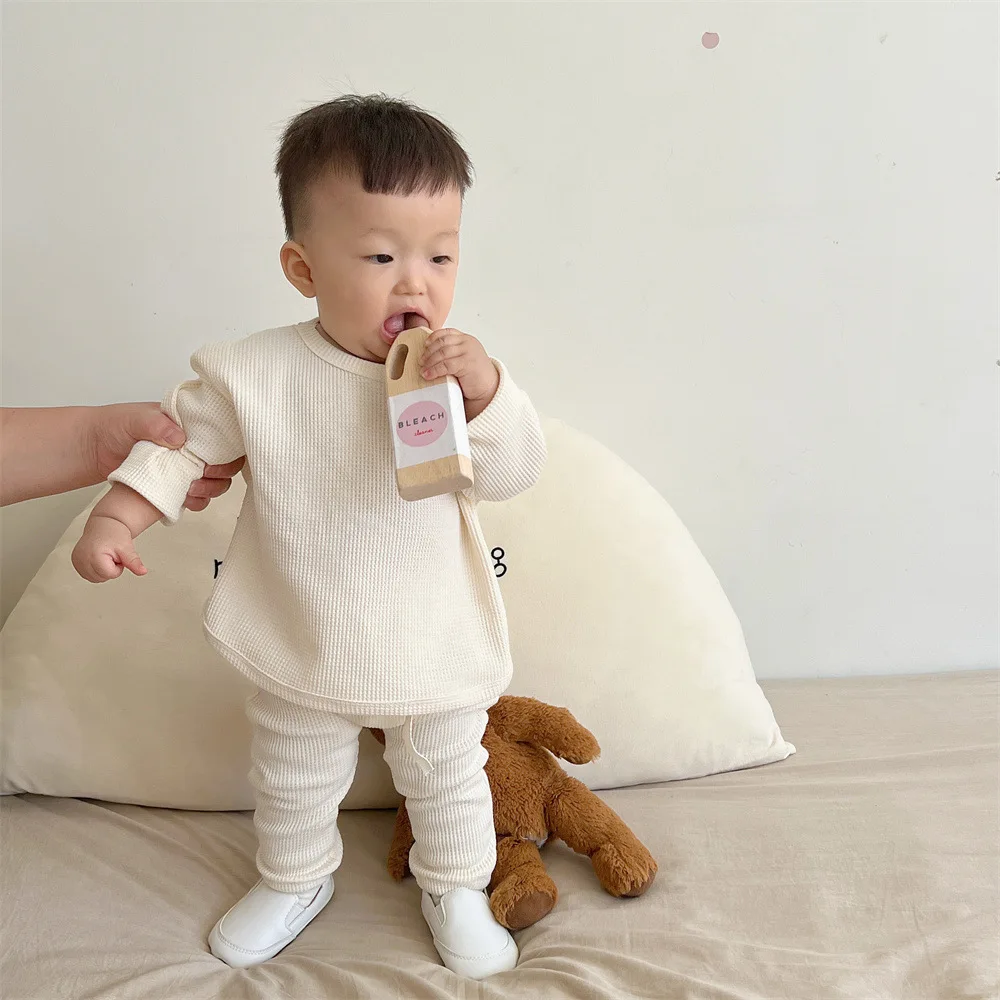 2025 New Baby Cotton Long Sleeve Clothes Set Cute Boy Girl Solid Waffle Tops + Pants 2pcs Suit Autumn Casual Children Outfits