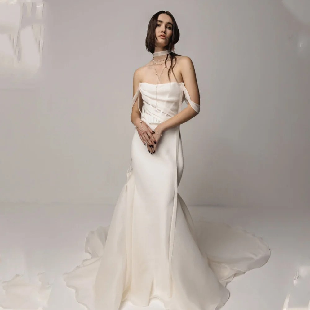 Nuovi abiti da sposa a sirena in organza senza spalline con pieghe a due cinghie Due pezzi su misura Brial Grown Vestido De Noival