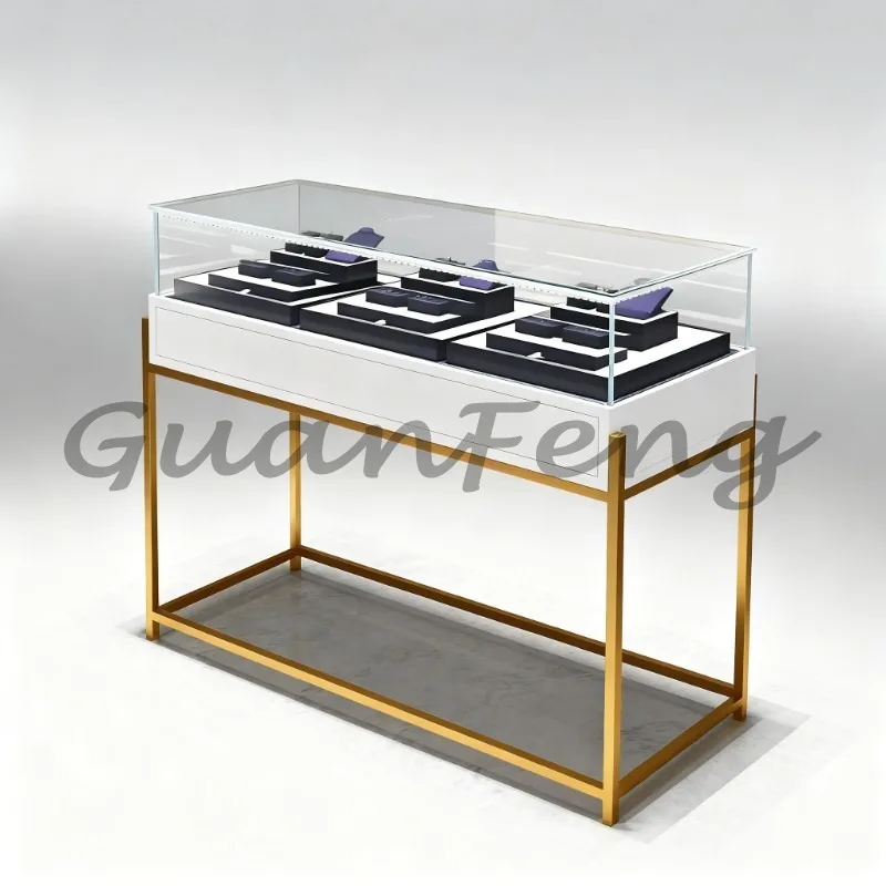 Luxury Lockable Metal Glass Jewelry Showcase with LED Light, Custom Commercial Shop Display Counter