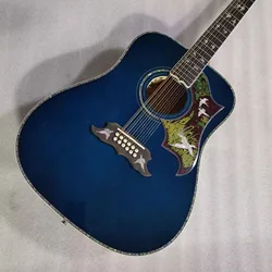 Custom 12-String Acoustic Guitar Solid Wood Top Folk Guitar Blue Flight Bird Dreadnought Style Woodworking Musical Instrument