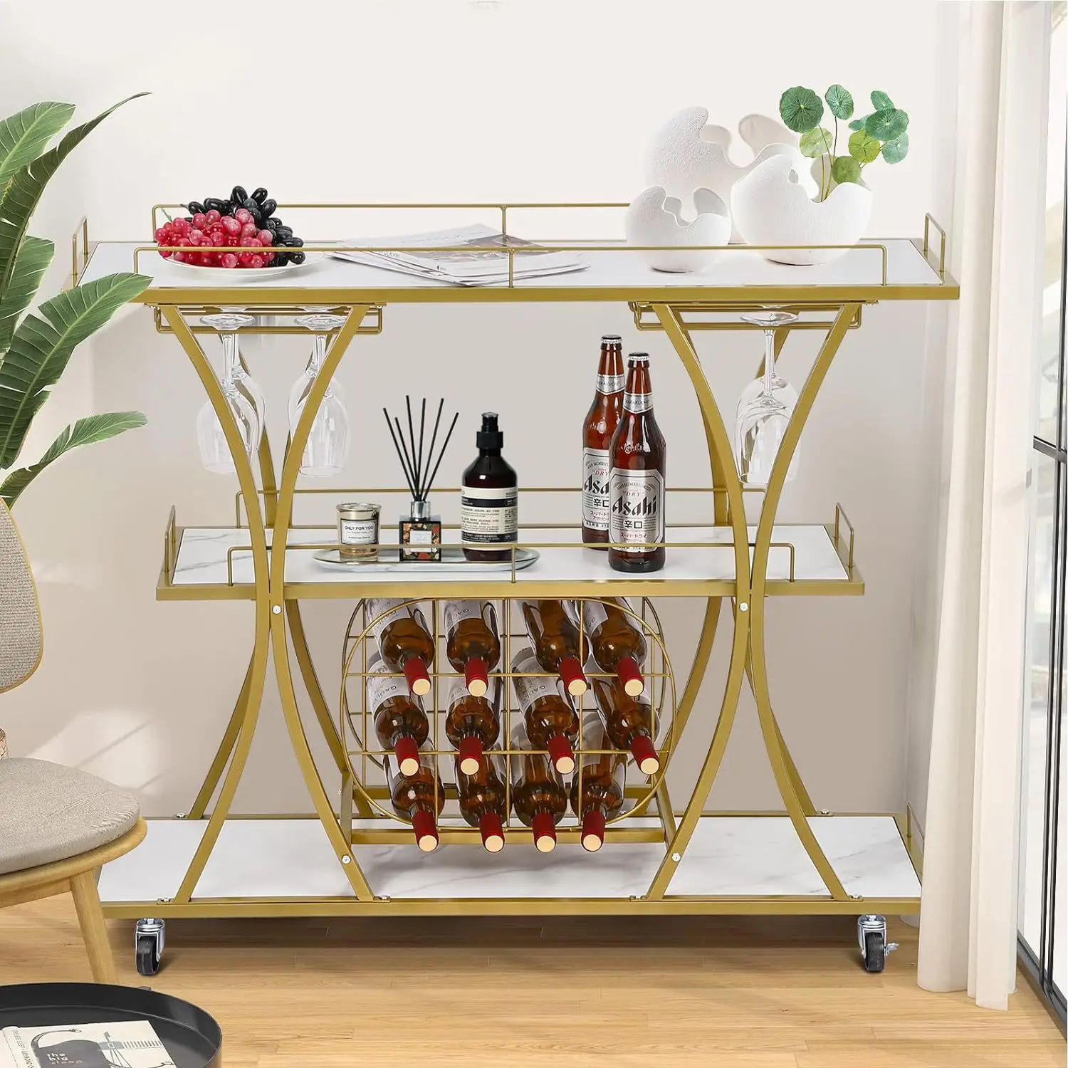 Mobile push dining cart marble pattern tea steel wood wine rack food delivery cart Asia