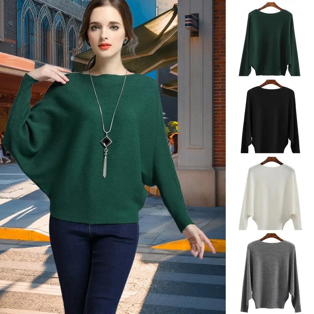 Women Sweater Solid Color Batwing Sleeve Sweater Elegant Batwing Sleeve Women's Sweater Knit Top for Spring/autumn Loose Fit