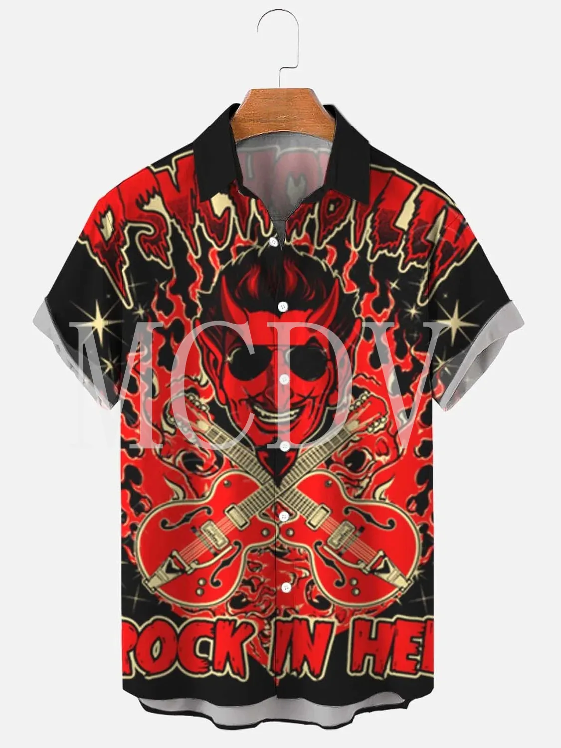 Men\'s Rockabilly Vintage Rocker Rock N Roll Printed Casual Breathable Short Sleeve Hawaiian Shirt