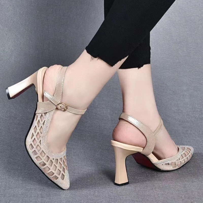 Shoes for Women 2023 New Spring and Autumn Women\'s Pumps Net Cloth Net Grid Breathable One Word Buckle Pointed Toe Shoes Women