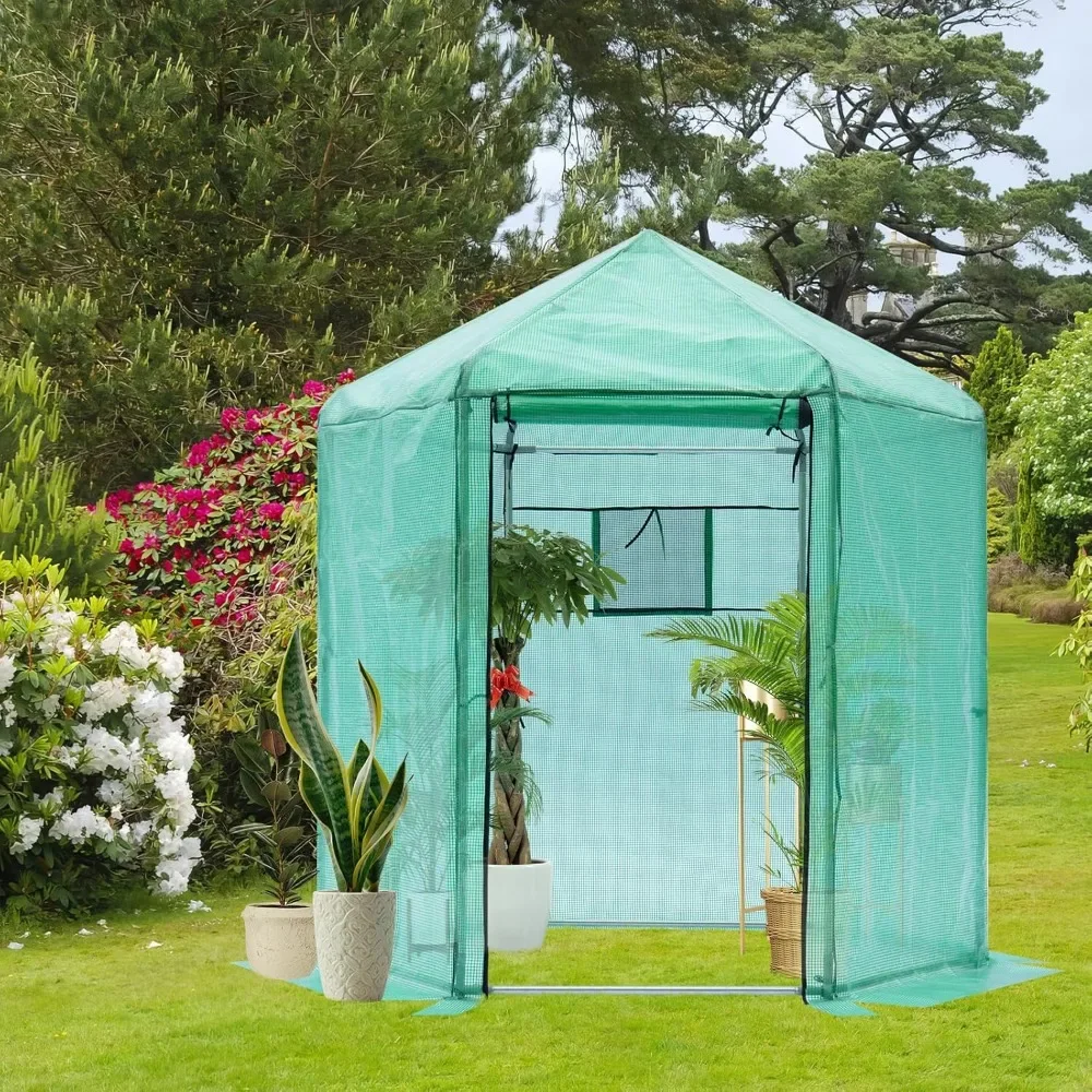 Greenhouses for Outdoors with Heavy Duty Galvanized Steel Frame, Hexagonal Upgrade Portable Green House with 180g PE Cover