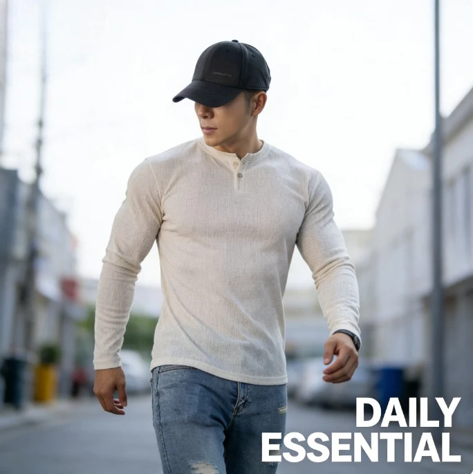 

Мужская текстурированная трикотажная футболка с длинным рукавом и воротником-хенли, универсальная легкая базовая модель для спорта, повседневной носки и на каждый день