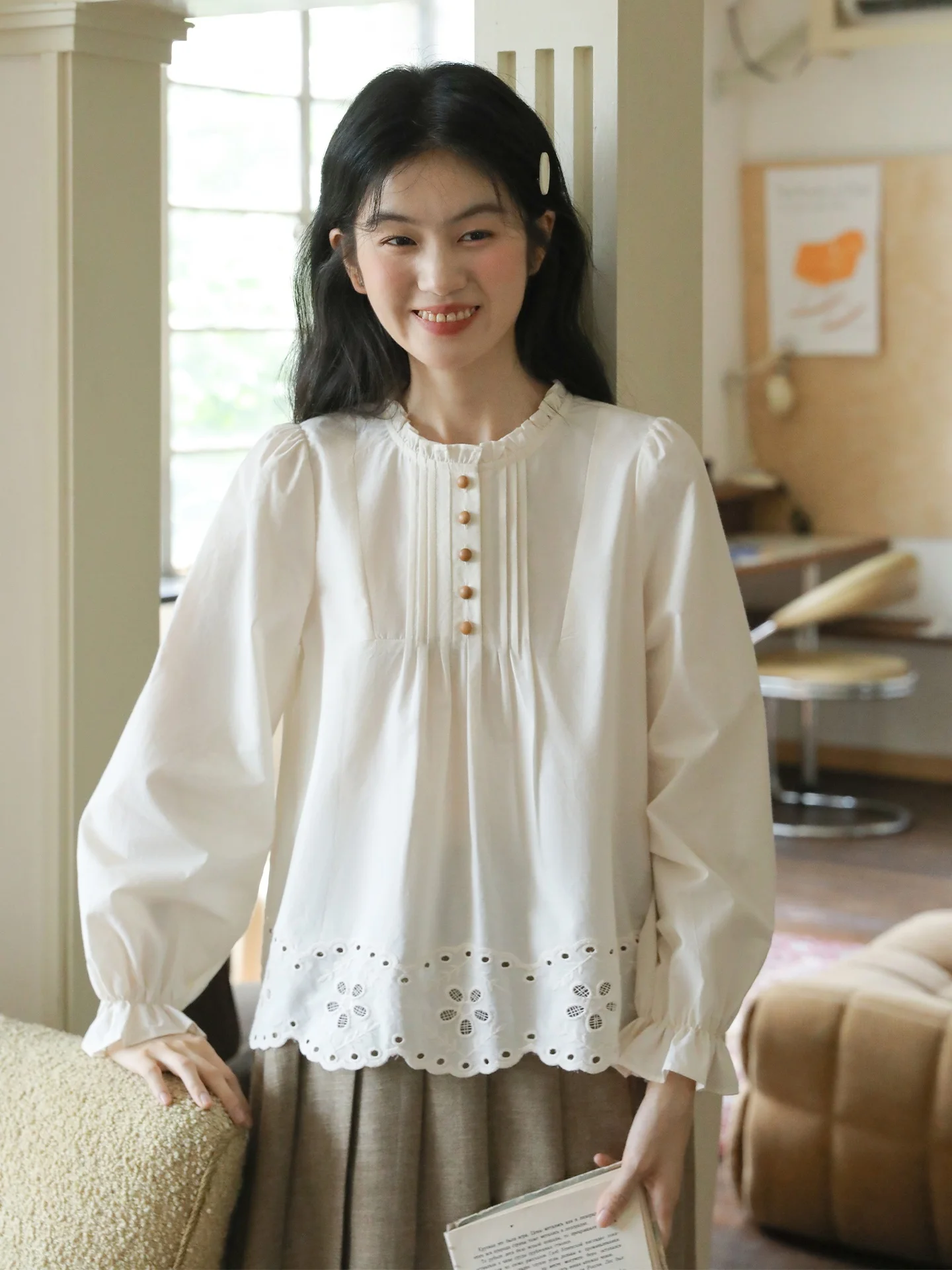 

Женская хлопковая рубашка Nesoulum с длинными рукавами, ажурным кружевным подолом, винтажный дизайн, свободный крой, дышащий топ с круглым вырезом