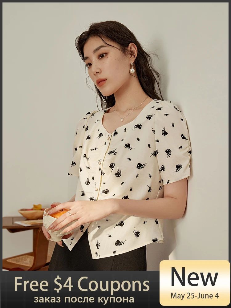 DUSHU Romantic Wind Small Floral Shirring Square Collar Shirt for Women Summer Niche Slimming Sweet Short Shirt Top Female