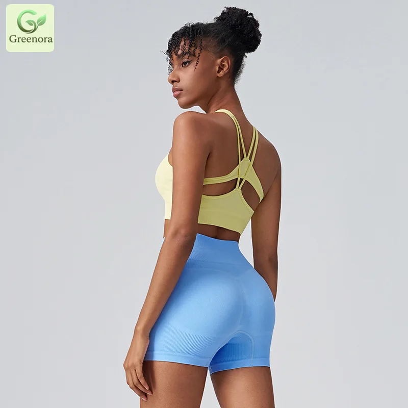 Greenora Seamless Ribbed Sports Bra for Women Pale Yellow Padded Yoga Crop Medium Support Gym Fitness Workout Tank Top Bralette